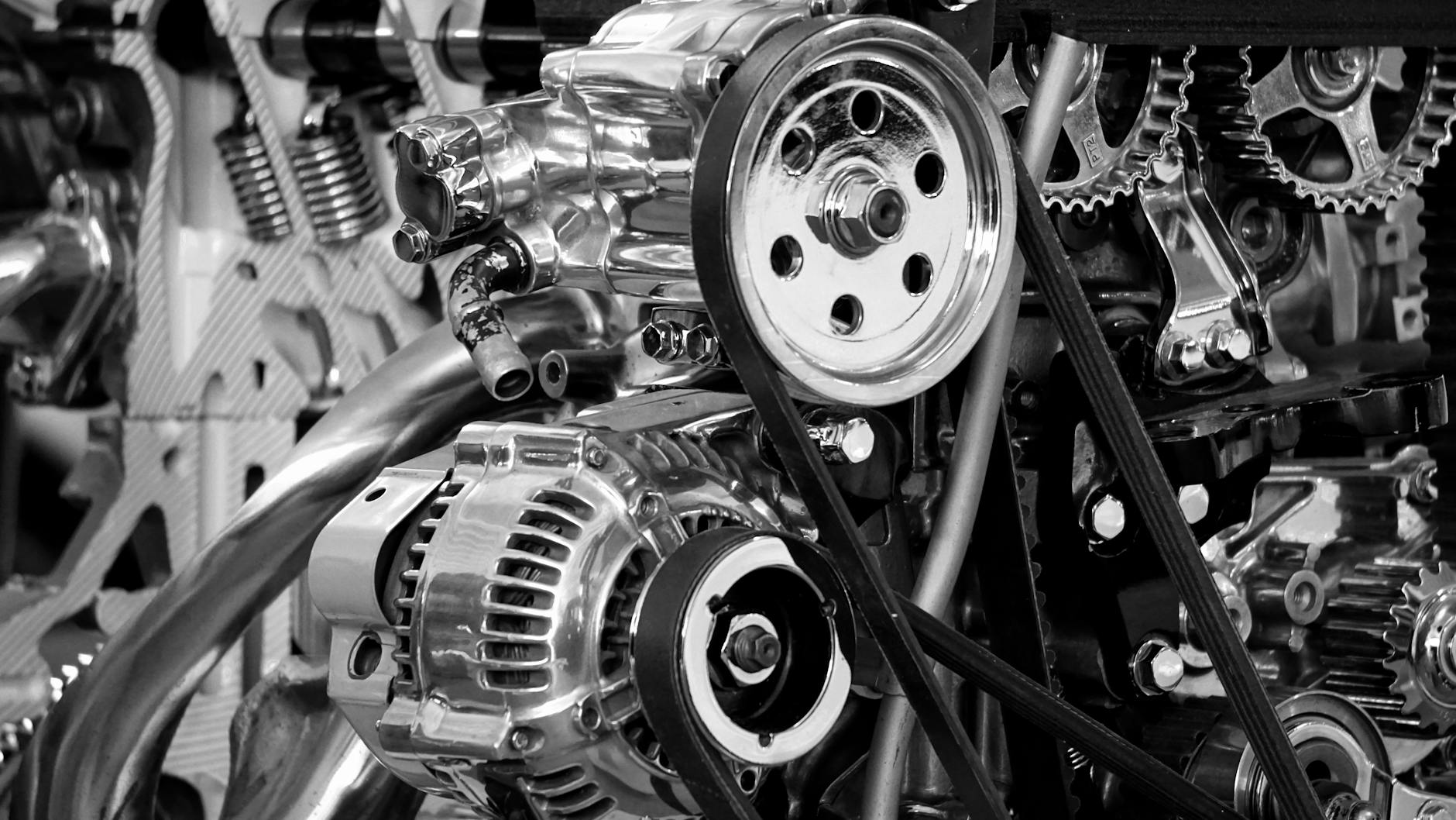 Gros plan d'un moteur de voiture brillant montrant des pièces en métal poli et des engrenages en noir et blanc.